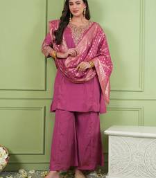 Women's Gorgeous Embroidery Work Sik Fabric Straight Kurta Palazzo and Dupatta Set