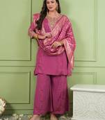 Women's Gorgeous Embroidery Work Sik Fabric Straight Kurta Palazzo and Dupatta Set