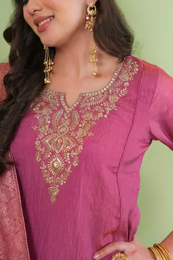 Women's Gorgeous Embroidery Work Sik Fabric Straight Kurta Palazzo and Dupatta Set