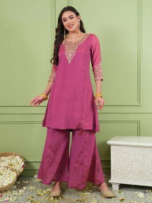 Women's Gorgeous Embroidery Work Sik Fabric Straight Kurta Palazzo and Dupatta Set 5