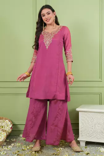 Women's Gorgeous Embroidery Work Sik Fabric Straight Kurta Palazzo and Dupatta Set