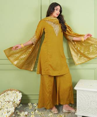 Women's Gorgeous Embroidery Work Sik Fabric Straight Kurta Palazzo and Dupatta Set 1