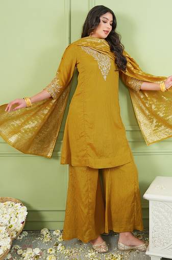 Women's Gorgeous Embroidery Work Sik Fabric Straight Kurta Palazzo and Dupatta Set
