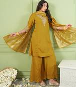 Women's Gorgeous Embroidery Work Sik Fabric Straight Kurta Palazzo and Dupatta Set
