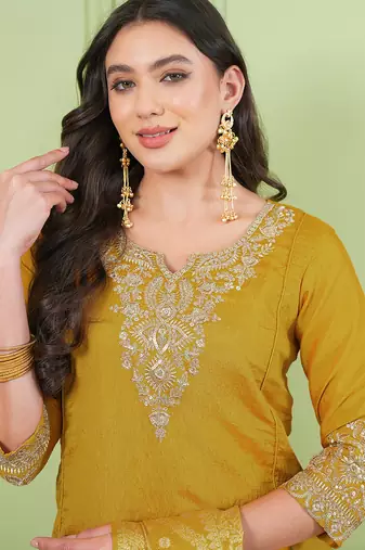 Women's Gorgeous Embroidery Work Sik Fabric Straight Kurta Palazzo and Dupatta Set