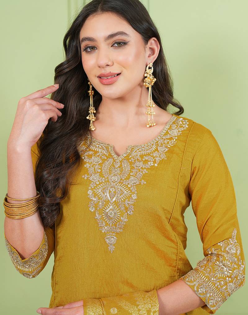 Women's Gorgeous Embroidery Work Sik Fabric Straight Kurta Palazzo and Dupatta Set
