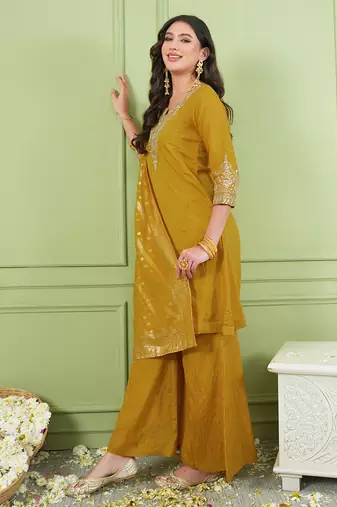 Women's Gorgeous Embroidery Work Sik Fabric Straight Kurta Palazzo and Dupatta Set