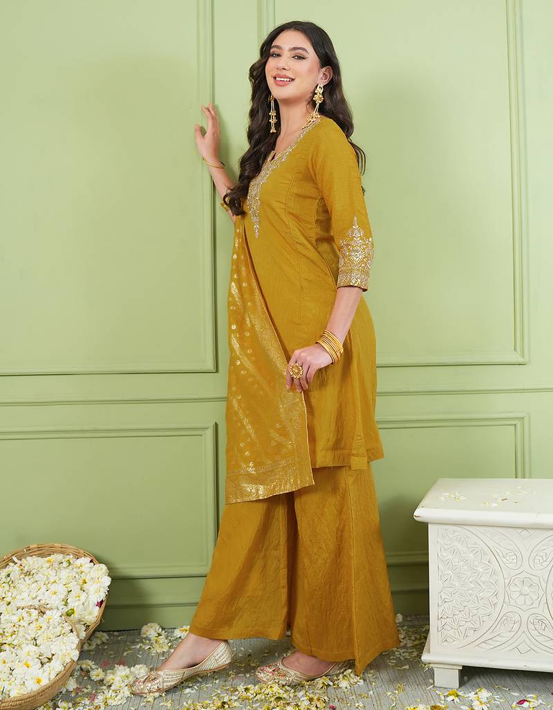 Women's Gorgeous Embroidery Work Sik Fabric Straight Kurta Palazzo and Dupatta Set