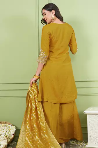 Women's Gorgeous Embroidery Work Sik Fabric Straight Kurta Palazzo and Dupatta Set