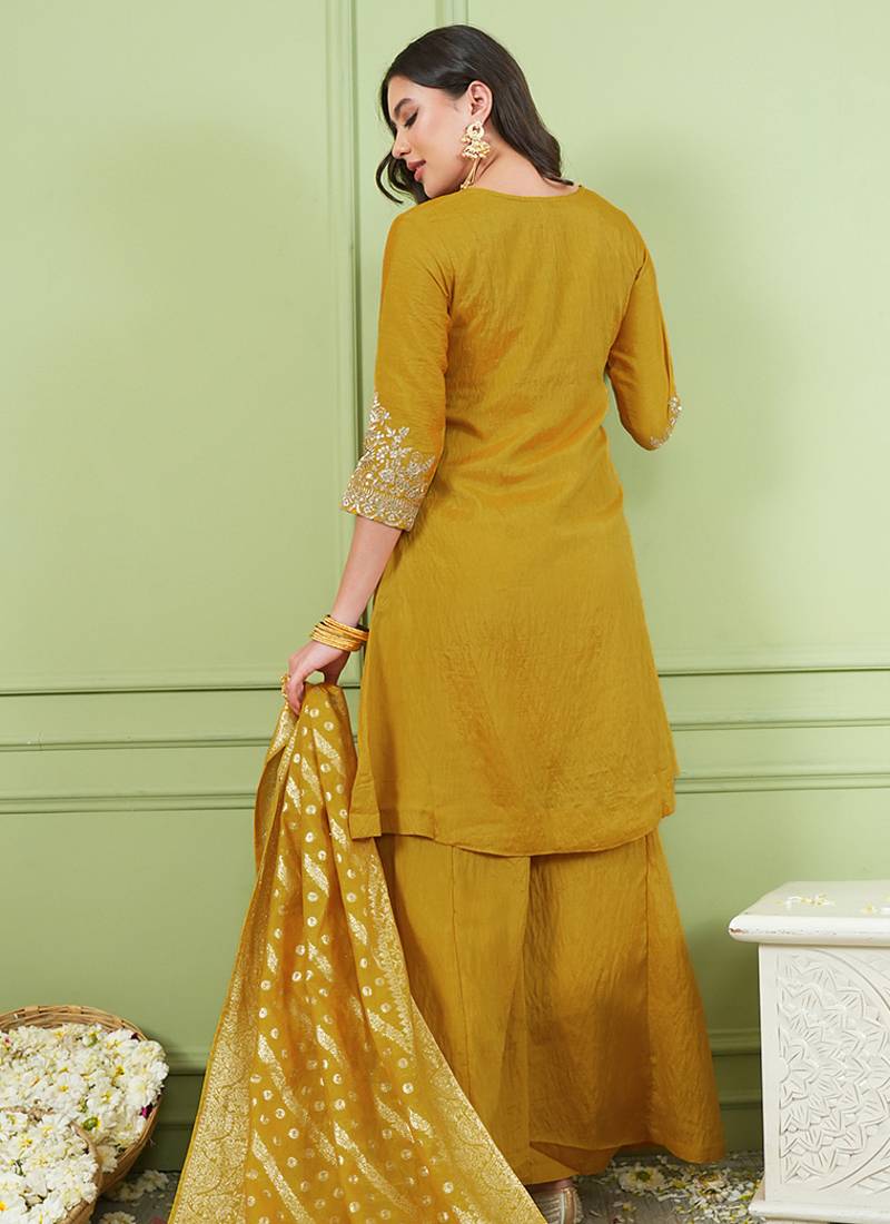 Women's Gorgeous Embroidery Work Sik Fabric Straight Kurta Palazzo and Dupatta Set