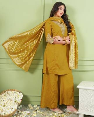 Women's Gorgeous Embroidery Work Sik Fabric Straight Kurta Palazzo and Dupatta Set 5