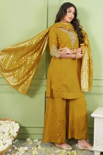 Women's Gorgeous Embroidery Work Sik Fabric Straight Kurta Palazzo and Dupatta Set