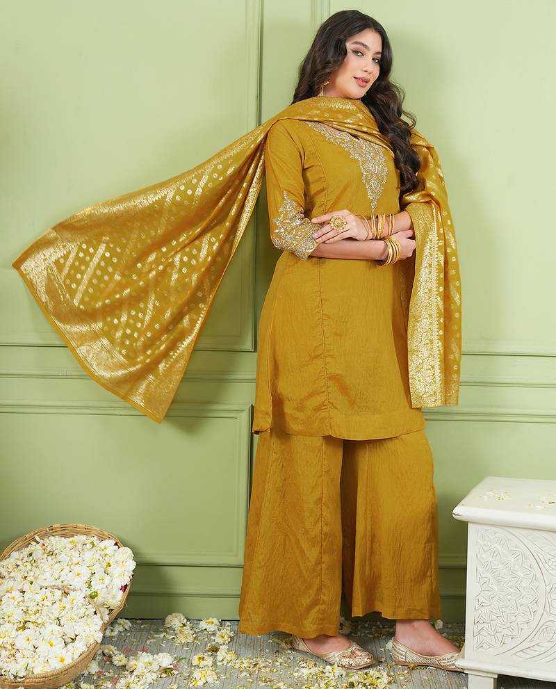 Women's Gorgeous Embroidery Work Sik Fabric Straight Kurta Palazzo and Dupatta Set