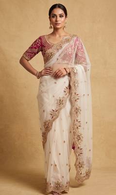 White embroidered net designer saree with designer rani pink blouse fabric 1