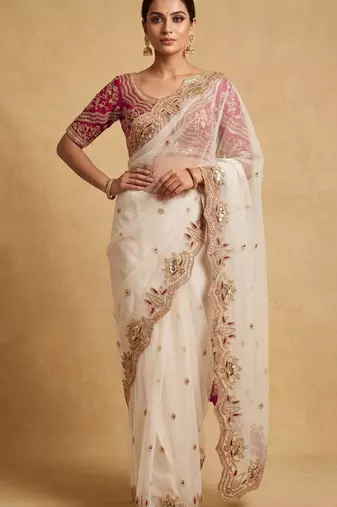 White embroidered net designer saree with designer rani pink blouse fabric