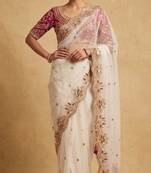 White embroidered net designer saree with designer rani pink blouse fabric