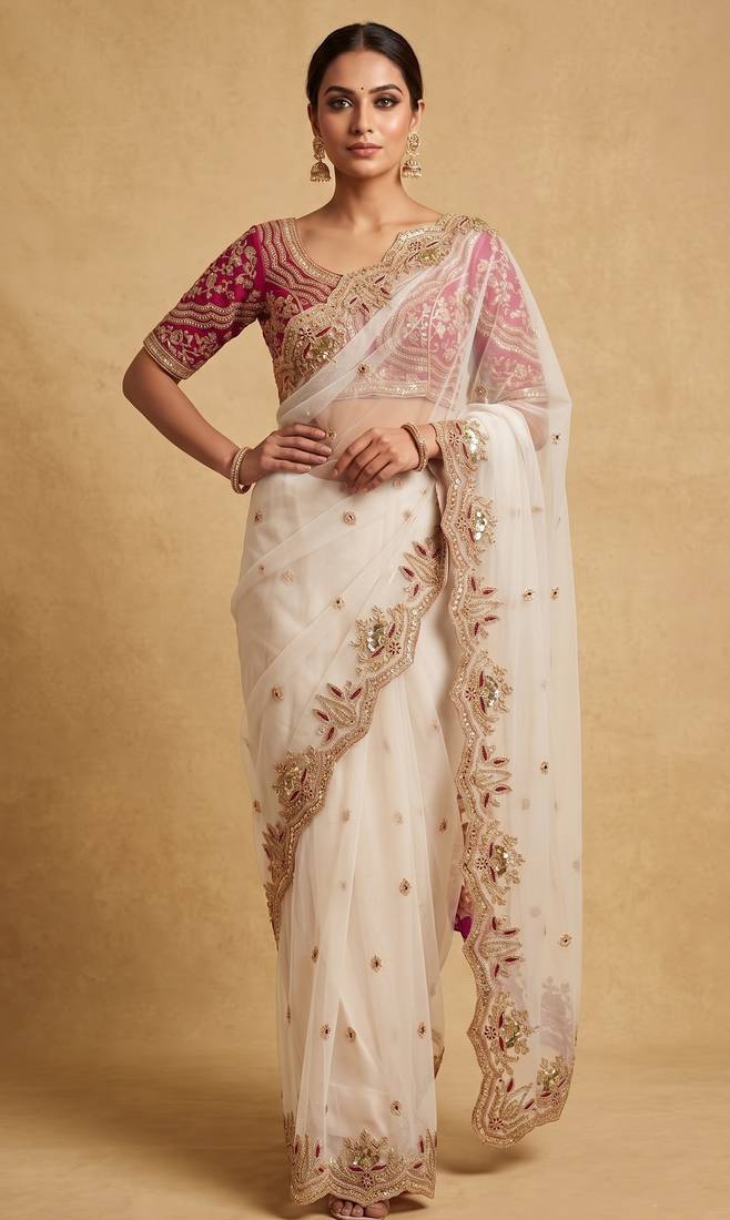 White embroidered net designer saree with designer rani pink blouse fabric
