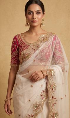 White embroidered net designer saree with designer rani pink blouse fabric 2