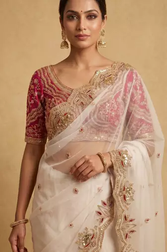 White embroidered net designer saree with designer rani pink blouse fabric