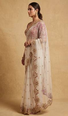 White embroidered net designer saree with designer rani pink blouse fabric 3