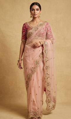 Peach embroidered net designer saree with designer rani pink blouse fabric 1