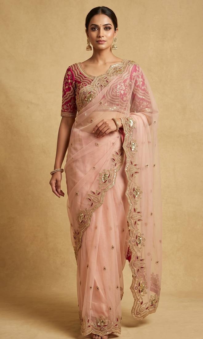 Peach embroidered net designer saree with designer rani pink blouse fabric