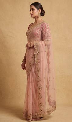 Peach embroidered net designer saree with designer rani pink blouse fabric 2
