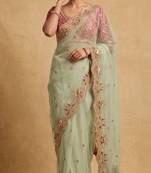 Light green embroidered net designer saree with designer rani pink blouse fabric