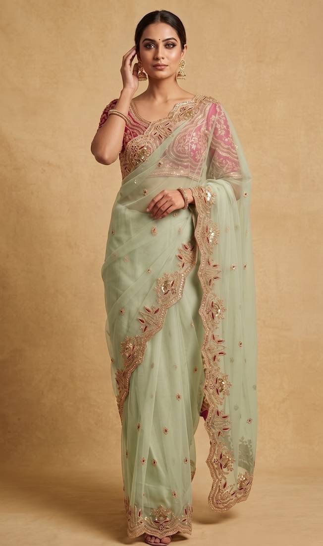 Light green embroidered net designer saree with designer rani pink blouse fabric