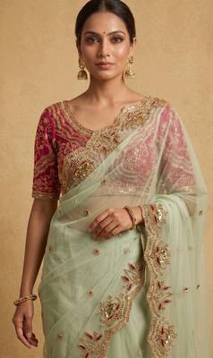 Light green embroidered net designer saree with designer rani pink blouse fabric 2