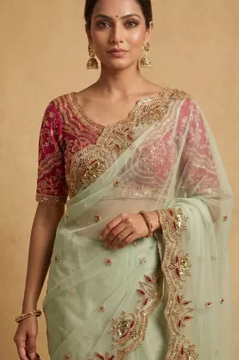 Light green embroidered net designer saree with designer rani pink blouse fabric
