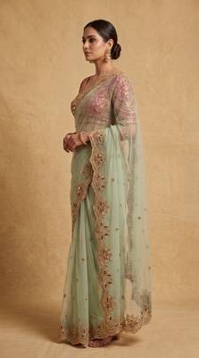 Light green embroidered net designer saree with designer rani pink blouse fabric 3