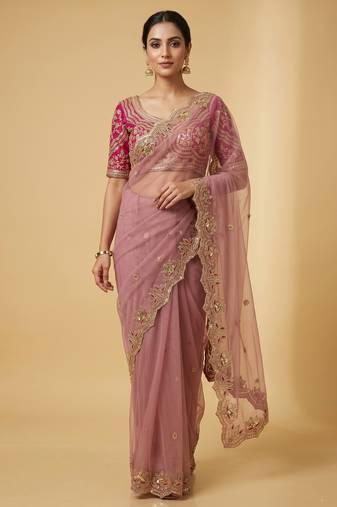 Dusty pink embroidered net designer saree with designer rani pink blouse fabric