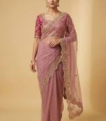 Dusty pink embroidered net designer saree with designer rani pink blouse fabric