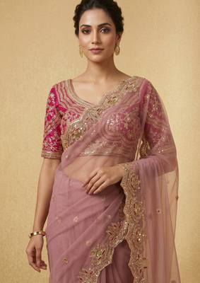 Dusty pink embroidered net designer saree with designer rani pink blouse fabric 2