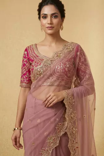 Dusty pink embroidered net designer saree with designer rani pink blouse fabric