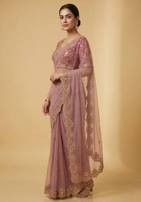Dusty pink embroidered net designer saree with designer rani pink blouse fabric 3