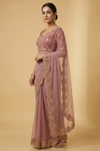 Dusty pink embroidered net designer saree with designer rani pink blouse fabric