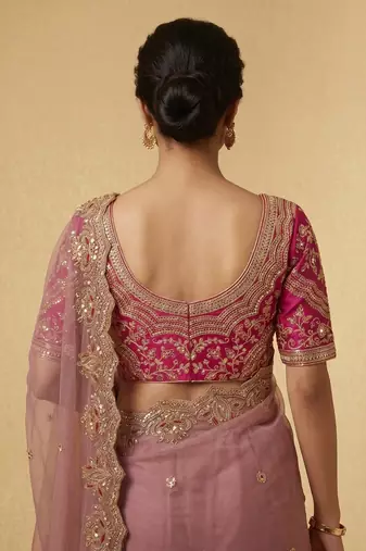 Dusty pink embroidered net designer saree with designer rani pink blouse fabric