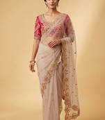 Ivory pink embroidered net designer saree with designer rani pink blouse fabric