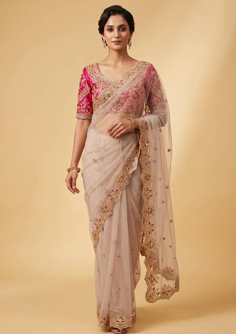 Ivory pink embroidered net designer saree with designer rani pink blouse fabric