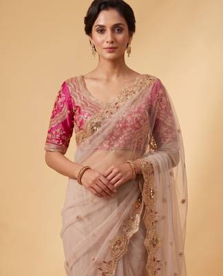 Ivory pink embroidered net designer saree with designer rani pink blouse fabric 2