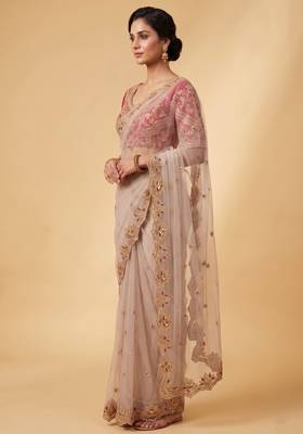 Ivory pink embroidered net designer saree with designer rani pink blouse fabric 3