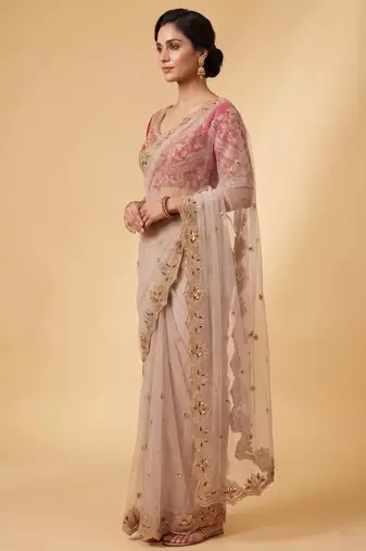 Ivory pink embroidered net designer saree with designer rani pink blouse fabric