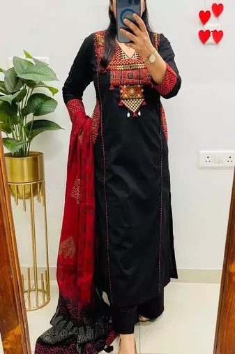 Floral embroidered pure cotton v neck kurta trouser & dupatta set