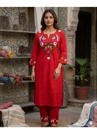 WOMEN COTTON SLAB STARIGHT  HAND EMBROIDERY KURTA WITH PANT  1