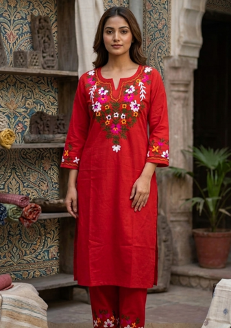 WOMEN COTTON SLAB STARIGHT  HAND EMBROIDERY KURTA WITH PANT 