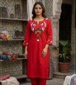 WOMEN COTTON SLAB STARIGHT  HAND EMBROIDERY KURTA WITH PANT 