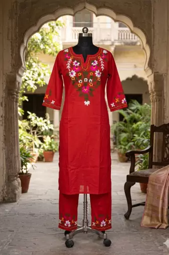 WOMEN COTTON SLAB STARIGHT  HAND EMBROIDERY KURTA WITH PANT 