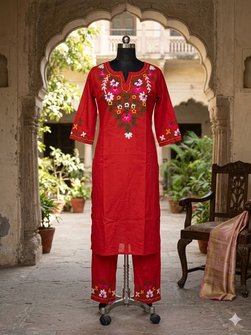 WOMEN COTTON SLAB STARIGHT  HAND EMBROIDERY KURTA WITH PANT 